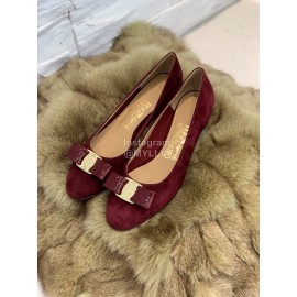 Salvatore Ferragamo Velvet Patent Leather Bow Thick High Heels For Women Wine Red