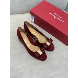 Salvatore Ferragamo Velvet Patent Leather Bow Thick High Heels For Women Wine Red