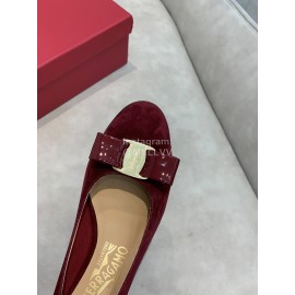 Salvatore Ferragamo Velvet Patent Leather Bow Thick High Heels For Women Wine Red