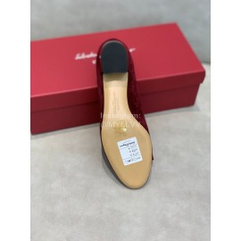 Salvatore Ferragamo Velvet Patent Leather Bow Thick High Heels For Women Wine Red