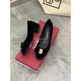 Salvatore Ferragamo Fashion Velvet Bow Thick High Heels For Women Black
