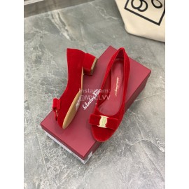 Salvatore Ferragamo Fashion Velvet Bow Thick High Heels For Women Red