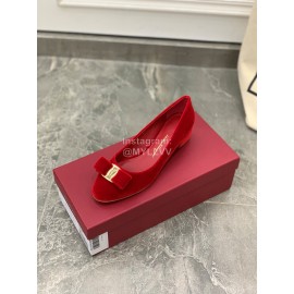 Salvatore Ferragamo Fashion Velvet Bow Thick High Heels For Women Red