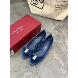 Salvatore Ferragamo Fashion Velvet Bow Thick High Heels For Women Blue