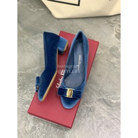 Salvatore Ferragamo Fashion Velvet Bow Thick High Heels For Women Blue