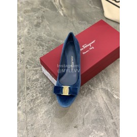 Salvatore Ferragamo Fashion Velvet Bow Thick High Heels For Women Blue
