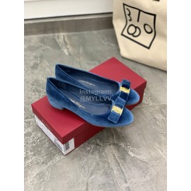 Salvatore Ferragamo Fashion Velvet Bow Thick High Heels For Women Blue