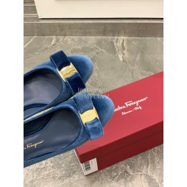 Salvatore Ferragamo Fashion Velvet Bow Thick High Heels For Women Blue