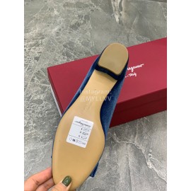 Salvatore Ferragamo Fashion Velvet Bow Thick High Heels For Women Blue