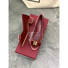Salvatore Ferragamo Fashion Velvet Bow Thick High Heels For Women Wine Red