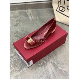 Salvatore Ferragamo Fashion Velvet Bow Thick High Heels For Women Wine Red