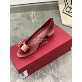 Salvatore Ferragamo Fashion Velvet Bow Thick High Heels For Women Wine Red