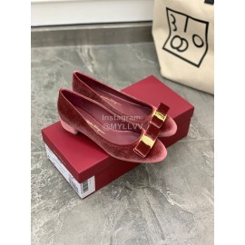 Salvatore Ferragamo Fashion Velvet Bow Thick High Heels For Women Wine Red
