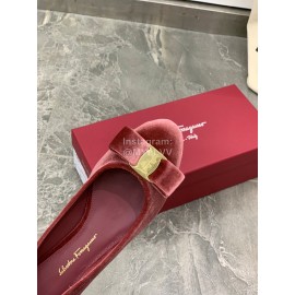 Salvatore Ferragamo Fashion Velvet Bow Thick High Heels For Women Wine Red