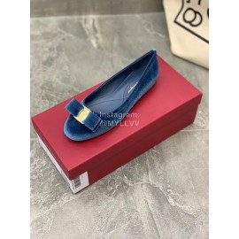 Salvatore Ferragamo Fashion Velvet Bow Flat Heels For Women Blue