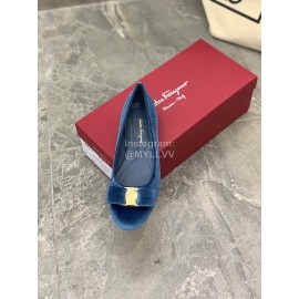 Salvatore Ferragamo Fashion Velvet Bow Flat Heels For Women Blue