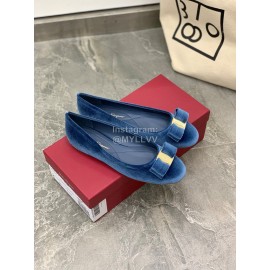 Salvatore Ferragamo Fashion Velvet Bow Flat Heels For Women Blue