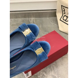 Salvatore Ferragamo Fashion Velvet Bow Flat Heels For Women Blue