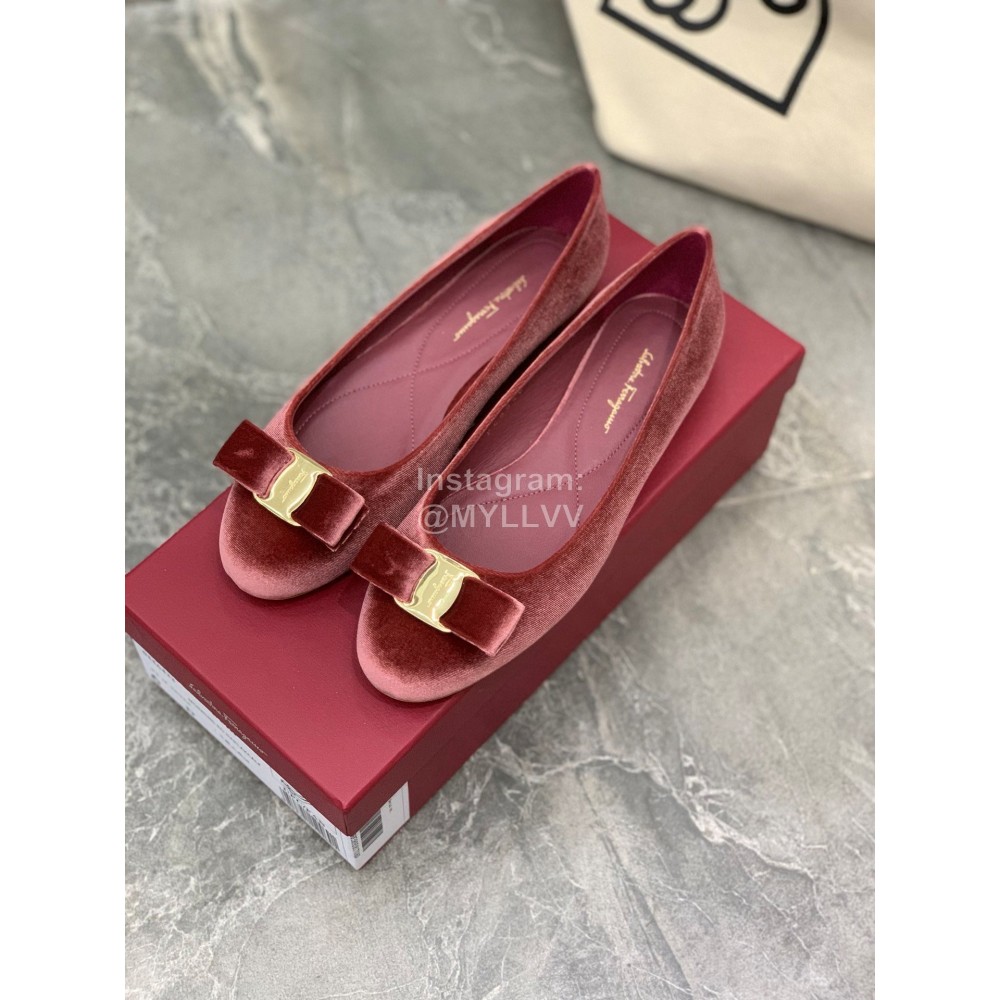 Salvatore Ferragamo Fashion Velvet Bow Flat Heels For Women Wine Red