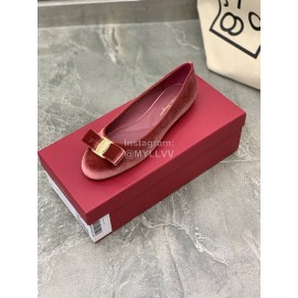 Salvatore Ferragamo Fashion Velvet Bow Flat Heels For Women Wine Red
