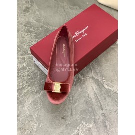 Salvatore Ferragamo Fashion Velvet Bow Flat Heels For Women Wine Red