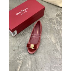Salvatore Ferragamo Fashion Velvet Bow Flat Heels For Women Wine Red