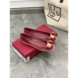 Salvatore Ferragamo Fashion Velvet Bow Flat Heels For Women Wine Red
