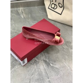 Salvatore Ferragamo Fashion Velvet Bow Flat Heels For Women Wine Red