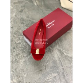 Salvatore Ferragamo Fashion Velvet Bow Flat Heels For Women Red