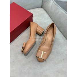 Salvatore Ferragamo Fashion Sheepskin Thick High Heels For Women Khaki