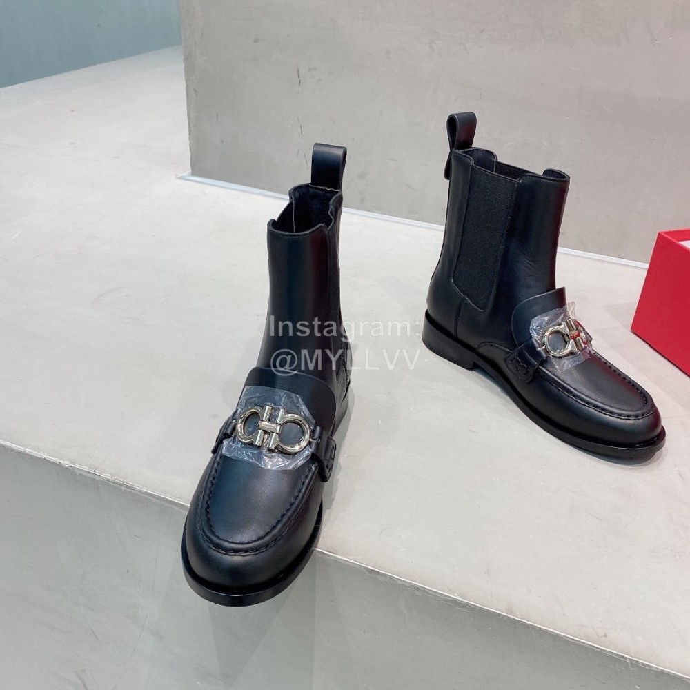 Salvatore Ferragamo Retro Leather Short Boots For Women Black