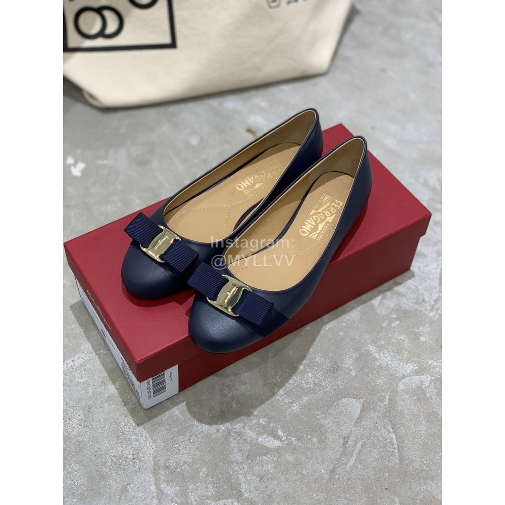 Salvatore Ferragamo Classic Bow Calf Shoes For Women Dark Blue