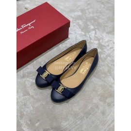 Salvatore Ferragamo Classic Bow Calf Shoes For Women Dark Blue