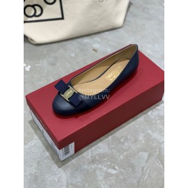 Salvatore Ferragamo Classic Bow Calf Shoes For Women Dark Blue