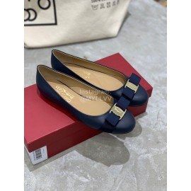Salvatore Ferragamo Classic Bow Calf Shoes For Women Dark Blue