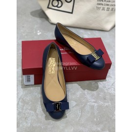 Salvatore Ferragamo Classic Bow Calf Shoes For Women Dark Blue
