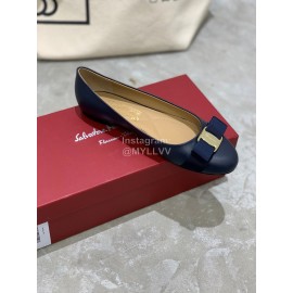 Salvatore Ferragamo Classic Bow Calf Shoes For Women Dark Blue