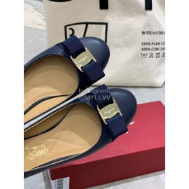 Salvatore Ferragamo Classic Bow Calf Shoes For Women Dark Blue