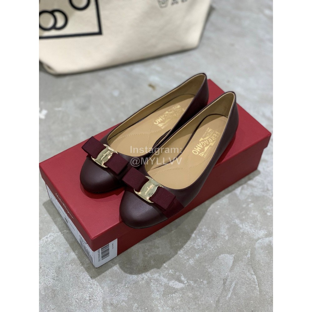 Salvatore Ferragamo Classic Bow Calf Shoes For Women Purplish Red