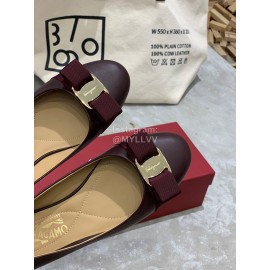 Salvatore Ferragamo Classic Bow Calf Shoes For Women Purplish Red