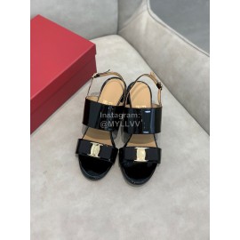 Salvatore Ferragamo Summer Patent Leather Bow Thick High Heel Sandals For Women Black