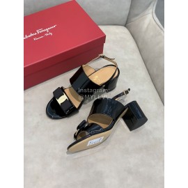 Salvatore Ferragamo Summer Patent Leather Bow Thick High Heel Sandals For Women Black
