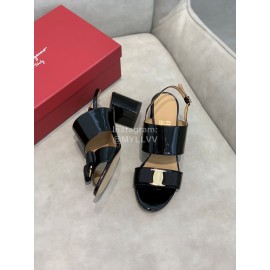 Salvatore Ferragamo Summer Patent Leather Bow Thick High Heel Sandals For Women Black