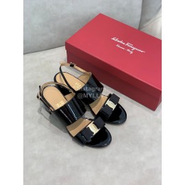 Salvatore Ferragamo Summer Patent Leather Bow Thick High Heel Sandals For Women Black