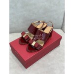 Salvatore Ferragamo Summer Patent Leather Bow Thick High Heel Sandals For Women Wine Red