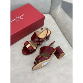 Salvatore Ferragamo Summer Patent Leather Bow Thick High Heel Sandals For Women Wine Red