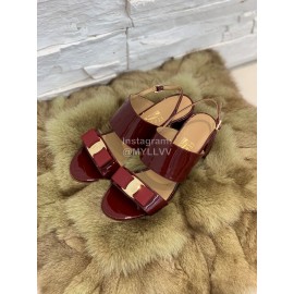 Salvatore Ferragamo Summer Patent Leather Bow Thick High Heel Sandals For Women Wine Red