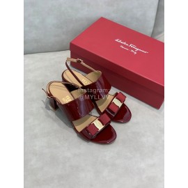 Salvatore Ferragamo Summer Patent Leather Bow Thick High Heel Sandals For Women Wine Red
