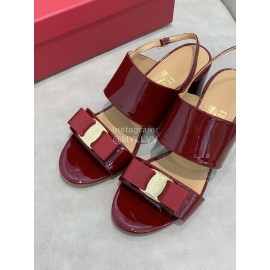 Salvatore Ferragamo Summer Patent Leather Bow Thick High Heel Sandals For Women Wine Red
