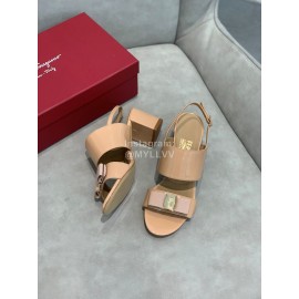Salvatore Ferragamo Summer Patent Leather Bow Thick High Heel Sandals For Women Apricot